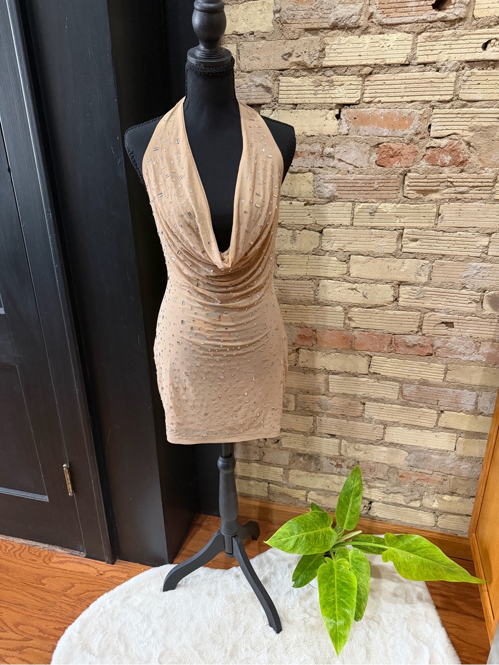 SHEIN Nude Beaded Cowl Neck Mini Dress